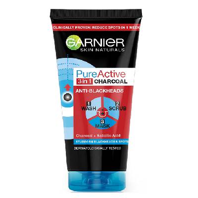 Почистващ гел за лице 3 in 1 Garnier Pure Active Intensive Charcoal за мазна кожа с несъвършенства, 150 мл (084444)
