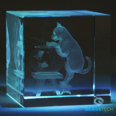 3D kočka ve skleněné krychli 60 mm