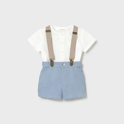 MAYORAL Комплект къс син панталон и бяла риза с бежови тиранти за новородено момче Mayoral