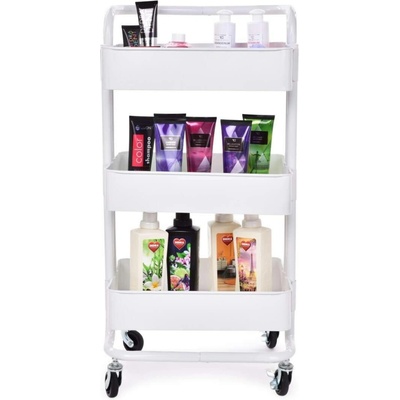Trolley celokovový pojízdný regál 3patrový kovový vozík na kolečkách, výška 86 cm bílý