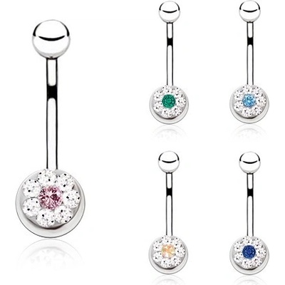 Šperky Eshop piercing do bříška z oceli s barevným zirkonem a menšími čirými kamínky AC5.13 Aqua modrá Q
