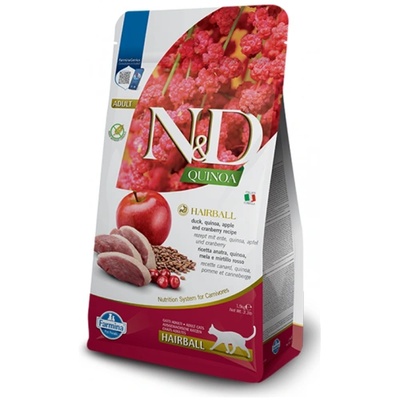 Farmina N&d cat grain free quinoa hairball - пълноценна храна, предназначена да насърчава отделянето на космени топки, за котки над 1 година, с патица, киноа, ябълка и червена боровинка - 1500 гр pnd0150078