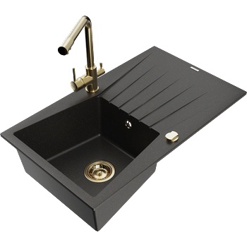 Mexen Cesar гранитна мивка с 1 отделение и отцедник и кухненски смесител Duero, черно/златен металик - 6514-75-671600-50 (6514-75-671600-50)