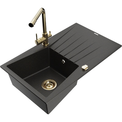 Mexen Cesar гранитна мивка с 1 отделение и отцедник и кухненски смесител Duero, черно/златен металик - 6514-75-671600-50 (6514-75-671600-50)