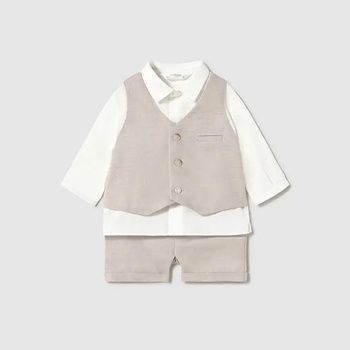 Mayoral Комплект панталон къс лен в бежово и бяла риза с пришит елек лен за бебе момче Майорал