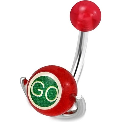 Šperky eshop piercing do pupíku z oceli červená kulička váleček s nápisy "GO" a "STOP" S20.15
