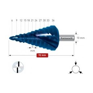 Karnasch Стъпално свредло Ø 6-36 mm (x 4 mm), HSS-XE Blue-Dur, 2x спирален канал (1496)