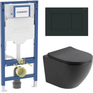 Rune Комплект казанче за вграждане Geberit Duofix с комплект за фиксиране и бутон Sigma20, матово черно, плюс тоалетна чиния Rune Ivaldi с капак softclose (111.928.00.6+115.883.16.1+5940541330424)