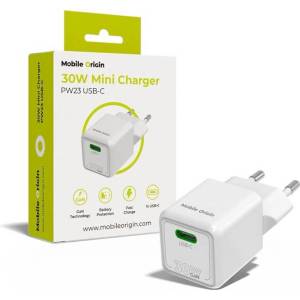 Mobile Origin Захранване за ел. мрежа с USB-C изход с технология за бързо зареждане - Mobile Origin PW23 GaN Mini Fast Wall Charger 30W (бял) (MO-30WMCH-PW23)