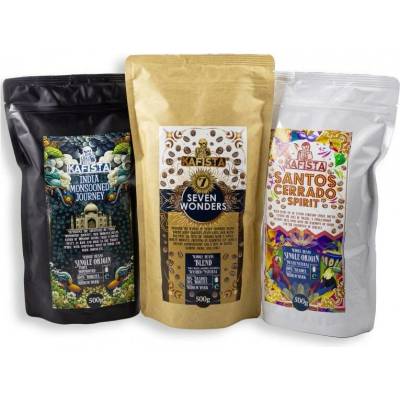 Kafista kolekcia zrnkových káv Monzúnová Robusta Brazílska Arabica Seven Wonders Zmes 3 x 500 g