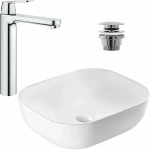 GROHE Комплект за мивка за плот Rea Belinda Slim, бяла, 46.5 см, смесител за умивалник Grohe Eurosmart Cosmopolitan XL хром и кран за умивалник Click-Clack хром (5902557327706+23921000+5902557344925)