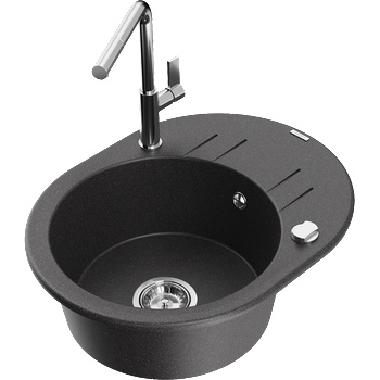 Mexen Kevin еднокоморна гранитна мивка с отцедник и кухненска батерия Flora, черен на петна - 6517-76-670401-00 (6517-76-670401-00)