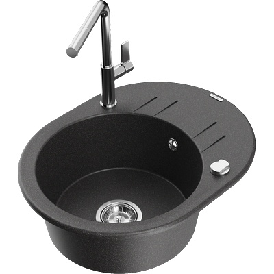 Mexen Kevin еднокоморна гранитна мивка с отцедник и кухненска батерия Flora, черен на петна - 6517-76-670401-00 (6517-76-670401-00)