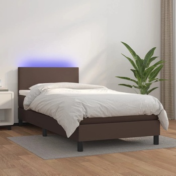vidaXL Боксспринг легло с матрак LED кафяво 100x200 см изкуствена кожа (3134090)