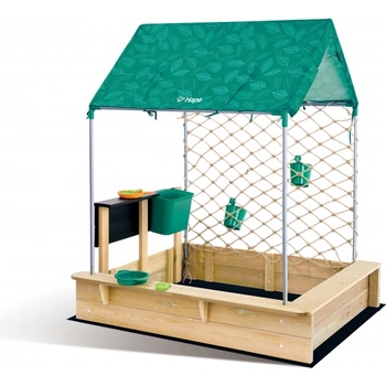 Hape Игрален комплект 2 в 1 Hape - Дървена къщичка с пясъчник, 10 части (H5596)