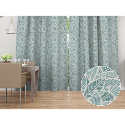 Biante Dekorační závěs Leona LN-166 Bílé listy na modrozeleném 130x180 cm