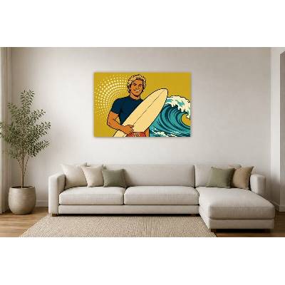 Obraz na plátně – Osoba se surfovým prknem a vlnou 135 × 90 cm
