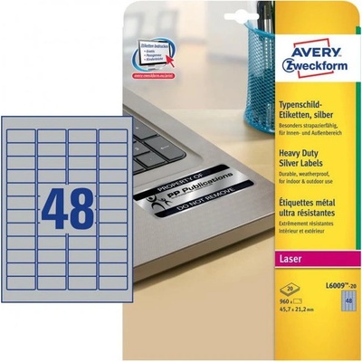 Avery-Zweckform L6009-20 45.7 x 21.2 mm prehľad produktov fólie strieborná 960 ks trvalé typové štítky laser, kópie; L6009-20