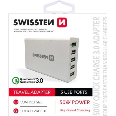 SWISSTEN Sieťový adaptér Qualcomm 3.0 Quick Charge + SMART IC 5× USB 50 W Power, biely 22013306