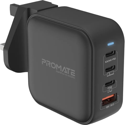 Promate Зарядно ProMate, GANPORT4-100PD, 100W Power Delivery GaNFast Charger with Quick Charge 3.0 100W Power Delivery Qualcomm Quick Charge 3.0 4 Devices Simultaneous Charging, Черен