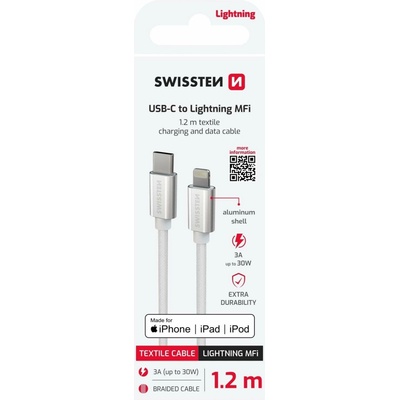 Swissten 71526203 Textile USB-C / Lightning MFi stříbrný