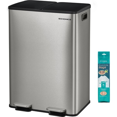 SONGMICS kitchen trash can, 2 x 30 liters, 2 compartments, trash can, pedal trash can, kitchen trash can with soft close lid and inner bucket, stainless steel, including 15 trash bags, silver LTB741EZ01