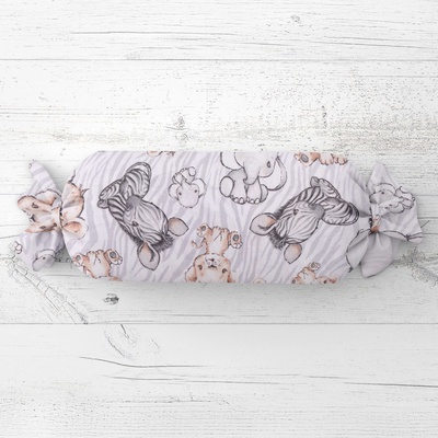 Biante Detský Vankúš valec bonbon Sandra SA-335 Africké zvieratká na sivom zebrovanom 15x40