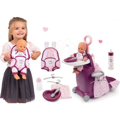 Smoby Set přebalovací kufřík s postýlkou a židličkou Violette Baby Nursea panenka 32 cm s nosičem a láhví mléka
