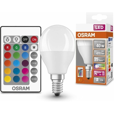 Osram LED žiarovka kvapka RGBW, 4,9 W, 470 lm, teplá biela, RGB, E14 LED STAR+ CL P RGBWFR 40 DIM REM CO
