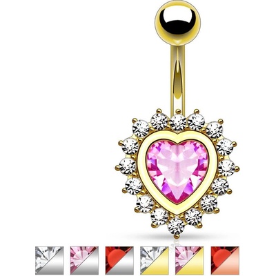 Šperky eshop piercing do bříška z chirurgické oceli třpytivé zirkonové srdce s čirým lemem AB30.19 červená R měděná