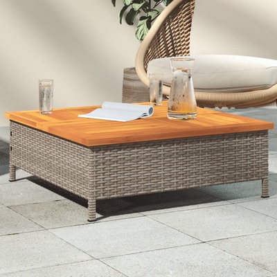 vidaXL Градинска маса, сива, 70x70x25 см, ратан и акациево дърво (3281630)