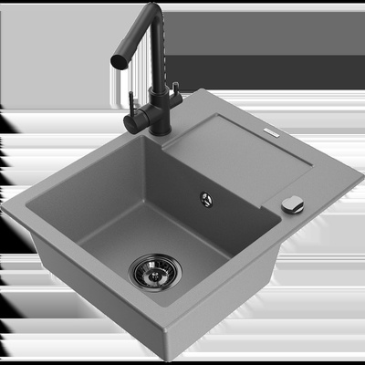 Enzo гранитна кухненска мивка с 1 отделение с отцедник и кухненски батерия Duero, сива - 6506-71-671600-70-B (6506-71-671600-70-B)