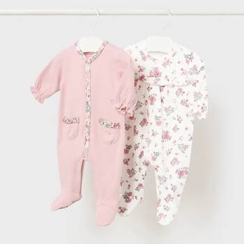 Mayoral Комплект 2 пижами интерлок за новородено момиче в бебешко розово с цветя Майорал