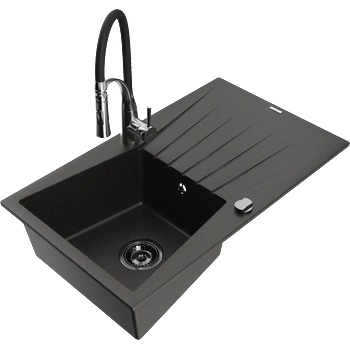 Mexen Cesar гранитна мивка с 1 корито с отцедник и кухненски смесител Aster, черен/златен металик - 6514-75-73450-07-B (6514-75-73450-07-B)