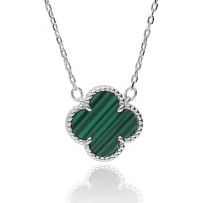 Argento Strieborný náhrdelník štvorlístok, syntetický kameň zelený malachit 92093