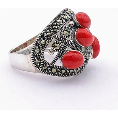 Zlato minerály Stříbrný prsten korál a markazit ST05764sd54