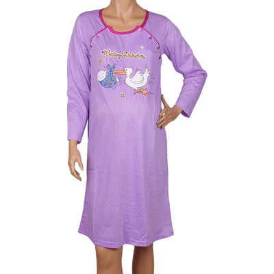 Макси нощница за кърмачки с дълъг ръкав в лилаво с щъркел
