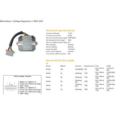 DZE regulátor napětí HONDA GL 1000 77-79; GL1100 80-83; GL1200 84-87 (ESR290)