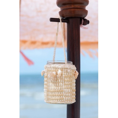 Skleněný závěsný svícen s béžovým lýkem a mušlemi Sea - Ø 8*11cm - J-Line by Jolipa