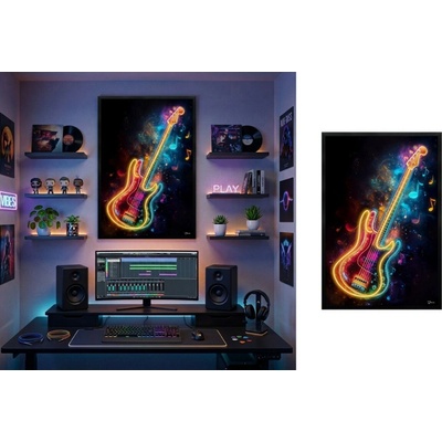 Neónová LED gitara – pop art nástenný svietiaci obraz na stenu – 63 × 93 cm