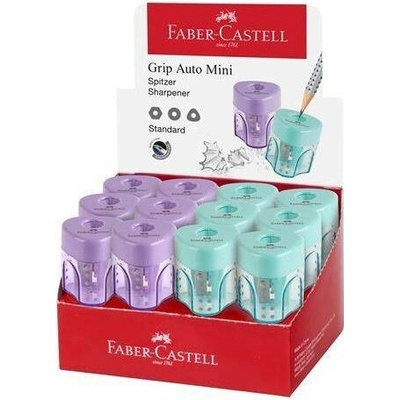 Struhadlo, displej, jednodírové, se zásobníkem, FABER-CASTELL "GRIP Auto Mini", mix pastelových barev 24ks