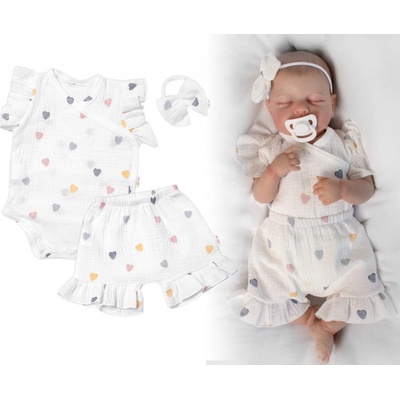 Baby Nellys Zavinovacie body kraťasky čelenka mušelín Srdiečko smotanové