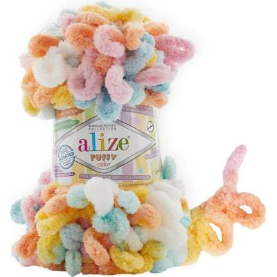 Příze s oky Alize PUFFY COLOR pro ruční pletení bez jehlic, 6521 vícebarevný melír, efektní, 100g/9m