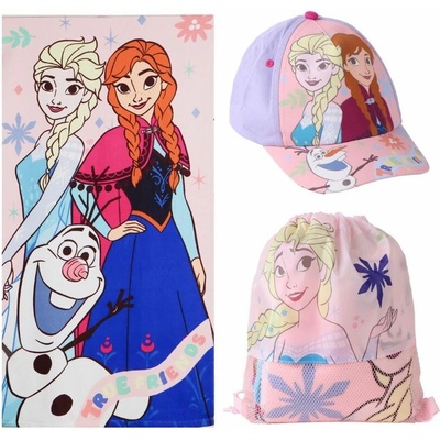 CurePink ručník osuška s kšiltovkou a pytlíkem Disney Frozen 70 x 140 cm