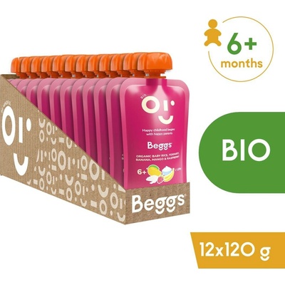 Beggs BIO Dětská rýže s jogurtem, banánem, mangem a malinami 12 x 120 g
