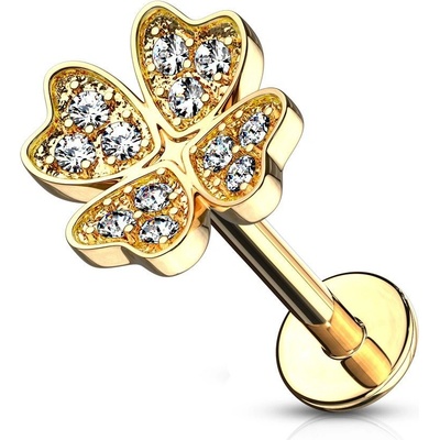 Šperky4U Zlacený piercing do brady labreta čtyřlístek LB1081GD-1206
