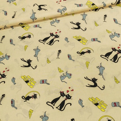 Bavlněné plátno dětské kočky a myši na okrové, š.160cm (látka v metráži)