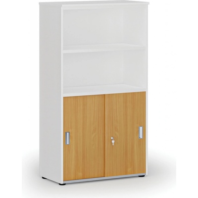 Primo Kombinovaná kancelárska skriňa WHITE, zasúvacie dvere na 2 poschodia, 1434 x 800 x 420 mm, biela/buk