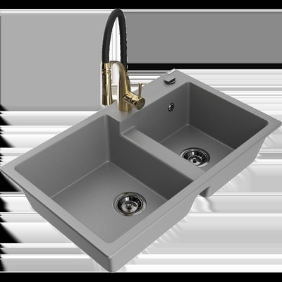 Tomas кухненска мивка гранитна 2-камерна с кухненски смесител Aster, сив - 6516-71-73450-57-B (6516-71-73450-57-B)