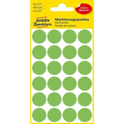 AVERY ZWECKFORM okrúhle 18 mm neónovo zelené 96 etikiet bal 4 list